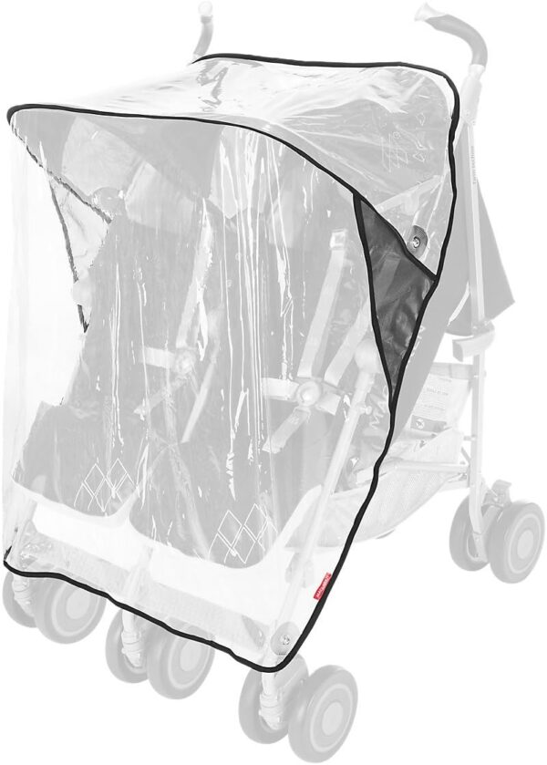 Maclaren Twin Techno stroller for newborns up to 15kg in each seat. Lightweight and compact. Extendable, individual waterproof hood with UPF 50+ and reclining seat. Includes raincover. Black - Image 6