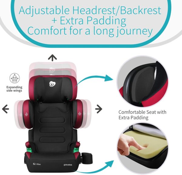 globalkids i-Size High Back Booster Car Seat, Group 2/3 ISOFIX Toddler Car Seat, with Cup Holder, Adjustable Headrest/Backrest/Width, 3–12 Years, 15-36 kg, 100cm-150cm, Red Black - Image 2