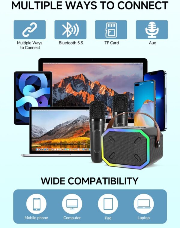 Caiord Karaoke Machine for Kids and Adults,Mini Portable Bluetooth Speaker with 2 Wireless Microphones,Led Lights for TV, Home Party,Kids Gift for Girls Boys Family Party Birthday(Black) - Image 7