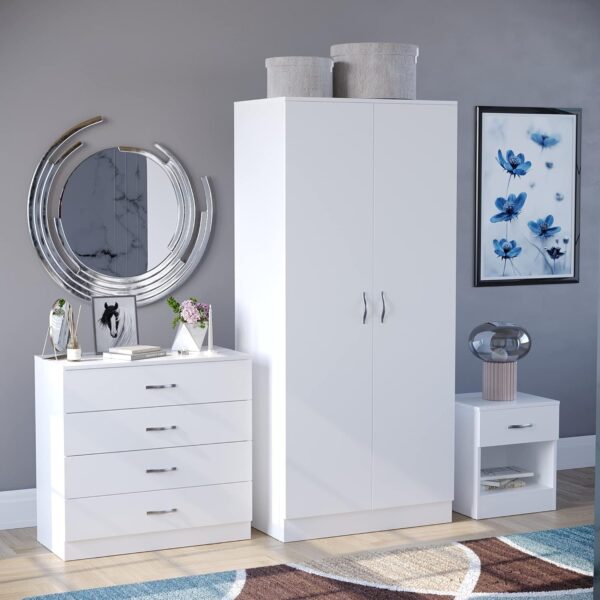 Vida Designs Riano 3 Piece Bedroom Furniture Set, 2 Door Wardrobe, 4 Drawer Chest Of Drawer and 1 Drawer Bedside Cabinet (White)