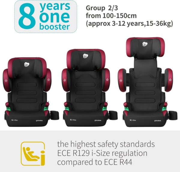 globalkids i-Size High Back Booster Car Seat, Group 2/3 ISOFIX Toddler Car Seat, with Cup Holder, Adjustable Headrest/Backrest/Width, 3–12 Years, 15-36 kg, 100cm-150cm, Red Black