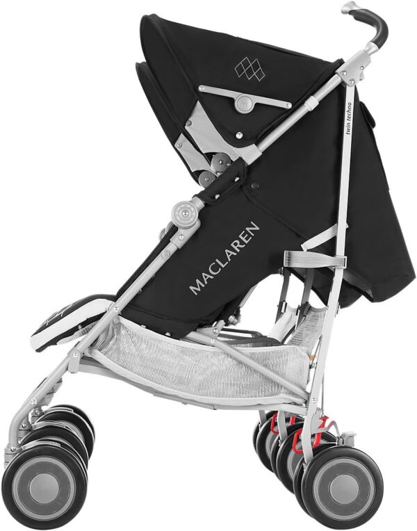 Maclaren Twin Techno stroller for newborns up to 15kg in each seat. Lightweight and compact. Extendable, individual waterproof hood with UPF 50+ and reclining seat. Includes raincover. Black - Image 2