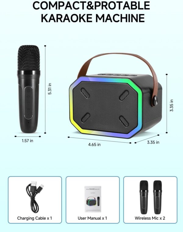 Caiord Karaoke Machine for Kids and Adults,Mini Portable Bluetooth Speaker with 2 Wireless Microphones,Led Lights for TV, Home Party,Kids Gift for Girls Boys Family Party Birthday(Black) - Image 3