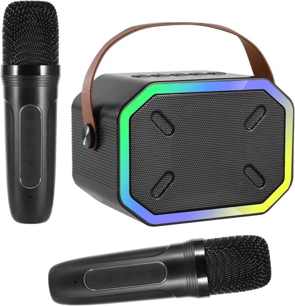 Caiord Karaoke Machine for Kids and Adults,Mini Portable Bluetooth Speaker with 2 Wireless Microphones,Led Lights for TV, Home Party,Kids Gift for Girls Boys Family Party Birthday(Black)