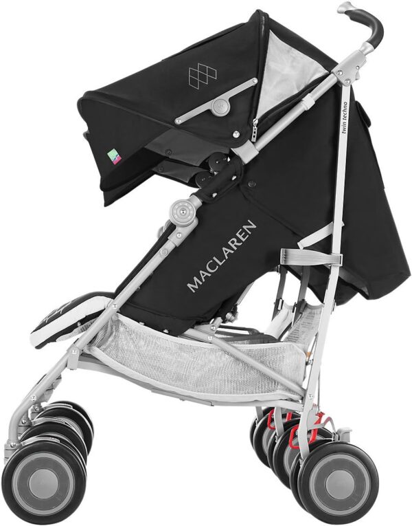 Maclaren Twin Techno stroller for newborns up to 15kg in each seat. Lightweight and compact. Extendable, individual waterproof hood with UPF 50+ and reclining seat. Includes raincover. Black - Image 3