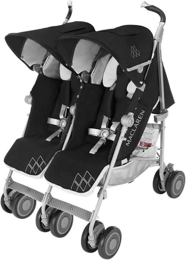 Maclaren Twin Techno stroller for newborns up to 15kg in each seat. Lightweight and compact. Extendable, individual waterproof hood with UPF 50+ and reclining seat. Includes raincover. Black - Image 4