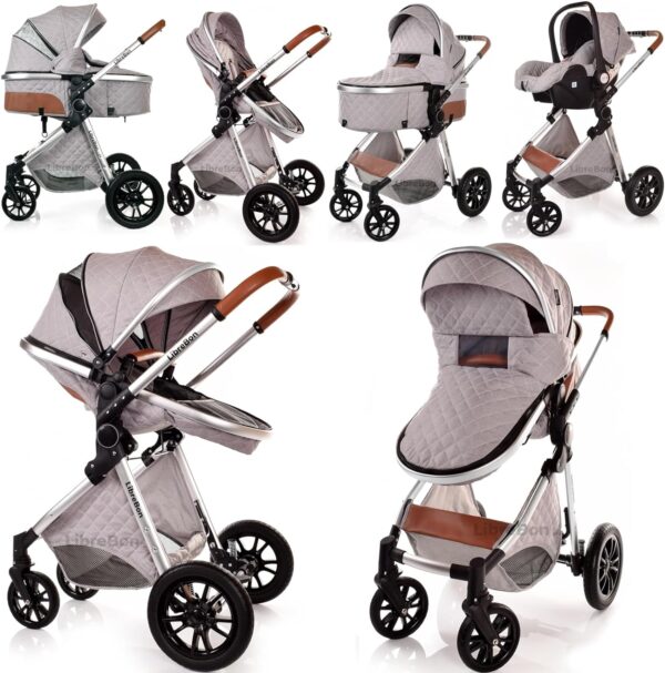 Baby Pram Pushchair Buggy Stroller 3 in 1 Child Lightweight Folding Stroller 3 in 1 Travel System Pram for Newborns Toddlers 0-36 Months from Birth Aluminum (Light Grey - Silver Frame)