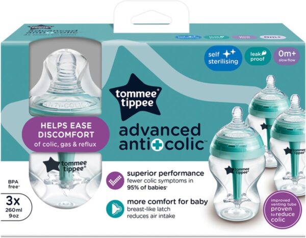 Tommee Tippee Baby Bottles, Advanced Anti-Colic Baby Bottle with Slow Flow Breast-Like Teat, 260 ml, 0m+, Self-Sterilising, Baby Feeding Essentials, Pack of 3 - Image 2