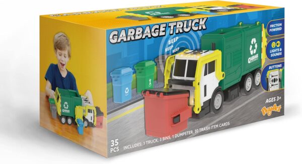 JOYIN Large Friction Powered Garbage Truck Toy Set, Includes Dumpster, Trash Bins, and Learning Cards for Kids - Image 7