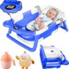 MATERCUBS Collapsible Baby Bath Tub with Thermometer - Baby Bath Support for Newborn Bath - Portable Bathtub with Drain Plug for Travel - Anti Slip Tub with Shower Jug and Toy 0-24 Months Grey (Blue)
