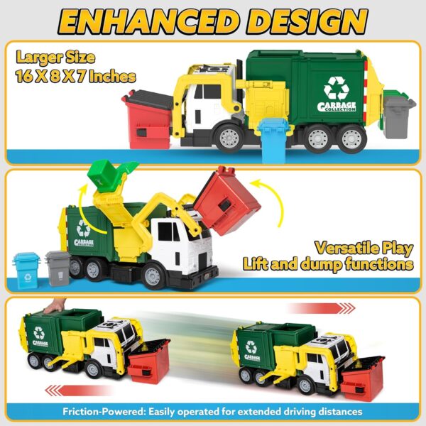 JOYIN Large Friction Powered Garbage Truck Toy Set, Includes Dumpster, Trash Bins, and Learning Cards for Kids - Image 3