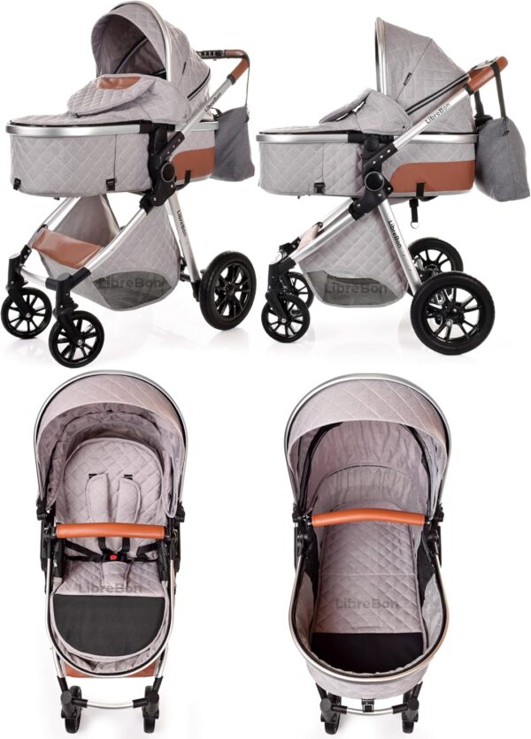 Baby Pram Pushchair Buggy Stroller 3 in 1 Child Lightweight Folding Stroller 3 in 1 Travel System Pram for Newborns Toddlers 0-36 Months from Birth Aluminum (Light Grey - Silver Frame) - Image 3