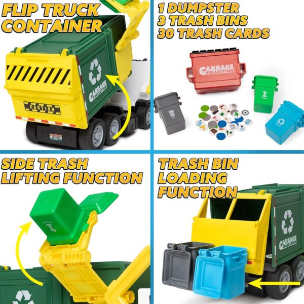 JOYIN Large Friction Powered Garbage Truck Toy Set, Includes Dumpster, Trash Bins, and Learning Cards for Kids - Image 4