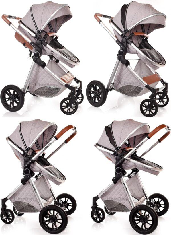 Baby Buggy Pram Pushchair Stroller 3 in 1 Child Lightweight Folding Stroller 3 in 1 Travel System Pram for Newborns & Toddlers 0-36 Months from Birth Aluminum (Light Grey - Silver Frame) - Image 5