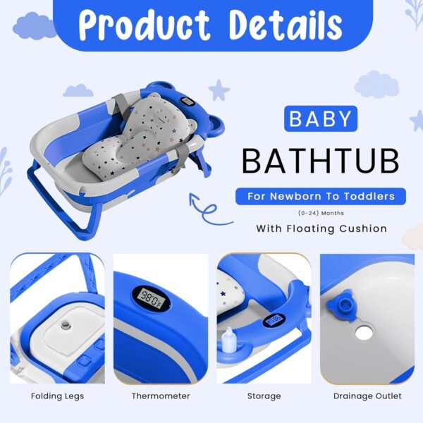 MATERCUBS Collapsible Baby Bath Tub with Thermometer - Baby Bath Support for Newborn Bath - Portable Bathtub with Drain Plug for Travel - Anti Slip Tub with Shower Jug and Toy 0-24 Months Grey (Blue) - Image 6