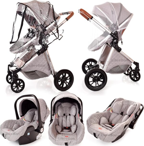 Baby Pram Pushchair Buggy Stroller 3 in 1 Child Lightweight Folding Stroller 3 in 1 Travel System Pram for Newborns Toddlers 0-36 Months from Birth Aluminum (Light Grey - Silver Frame) - Image 7