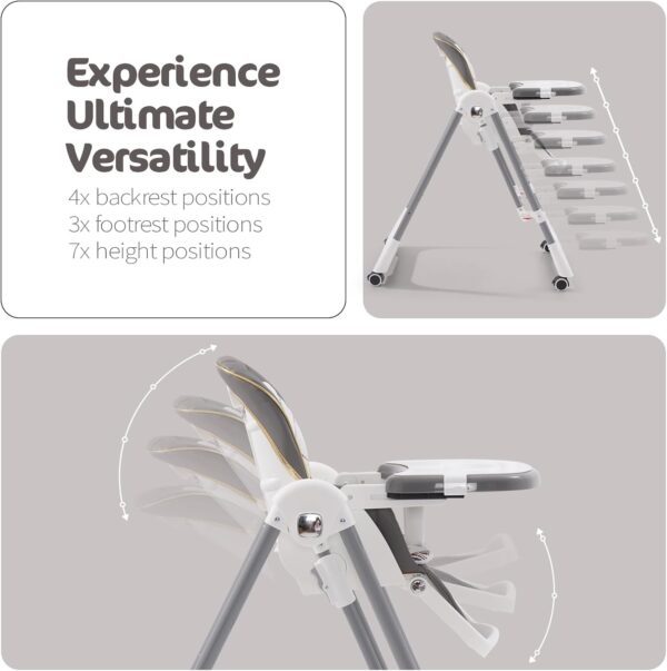 Foldable Highchair, 3-in-1 Baby Rocker with Harness, with 4 Lockable Wheels, 5 Recline Positions, Adjustable Feeding Chair for Babies & Toddlers 6 Months to 3 Years - Image 5