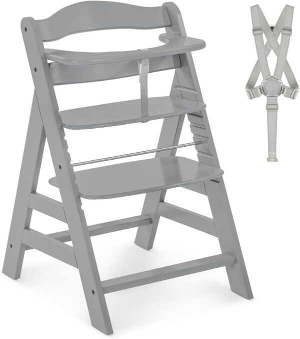 hauck Alpha+, Grey - Wooden High Chair 6 Months to Adult Sustainable FSC® Certified Beechwood Toddler Feeding and Entertainment Chair, Inclusive 5-Point Harness Bumper Bar Crotch Strap