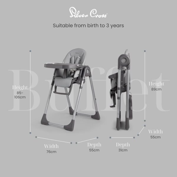 Silver Cross - Buffet Highchair with Mealtime Set & Silicone Tray - Baby Chair - Portable Highchair - Newborns to 3 Years - Grey - Image 4