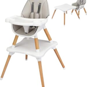 Maxmass 4 in 1 Baby High Chair, Toddler Booster Seats with Removable Tray, PU Cushion and Safety Strap, Convertible Infant Dining Chair and Table Set (Gray)