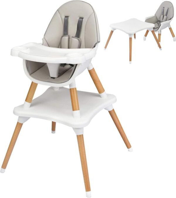 Maxmass 4 in 1 Baby High Chair, Toddler Booster Seats with Removable Tray, PU Cushion and Safety Strap, Convertible Infant Dining Chair and Table Set (Gray)
