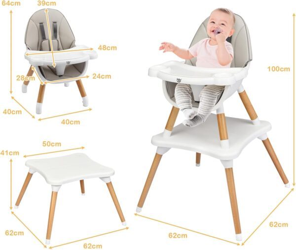 Maxmass 4 in 1 Baby High Chair, Toddler Booster Seats with Removable Tray, PU Cushion and Safety Strap, Convertible Infant Dining Chair and Table Set (Gray) - Image 5