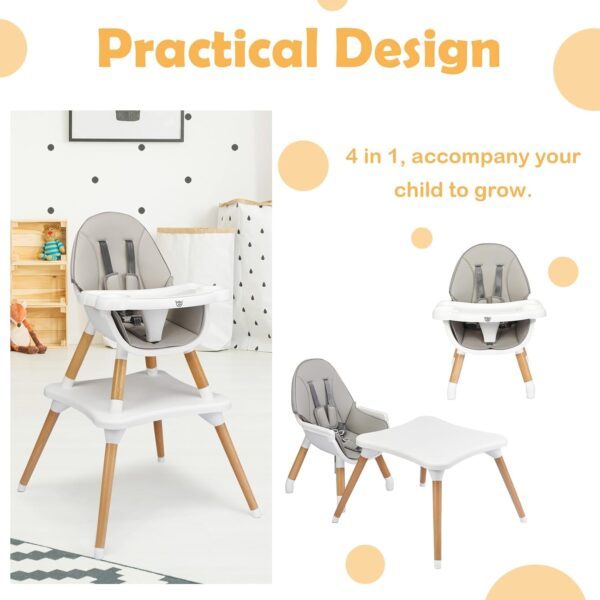 Maxmass 4 in 1 Baby High Chair, Toddler Booster Seats with Removable Tray, PU Cushion and Safety Strap, Convertible Infant Dining Chair and Table Set (Gray) - Image 2