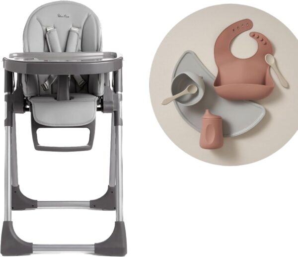 Silver Cross - Buffet Highchair with Mealtime Set & Silicone Tray - Baby Chair - Portable Highchair - Newborns to 3 Years - Grey