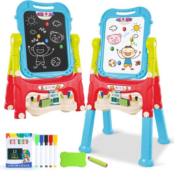 Toddler Art Easel Toys, Magnetic Chalk Board and White Board Easel for Kids with Painting Accessories, Rotatable Double Sided Easel, Birthday Gift for Boys and Girls