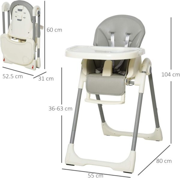 HOMCOM Foldable Baby High Chair Convertible Feeding Chair Height Adjustable with Adjustable Backrest Footrest and Removable Tray 5 Point Safety Harness for Kids 6-36 Months Grey - Image 5
