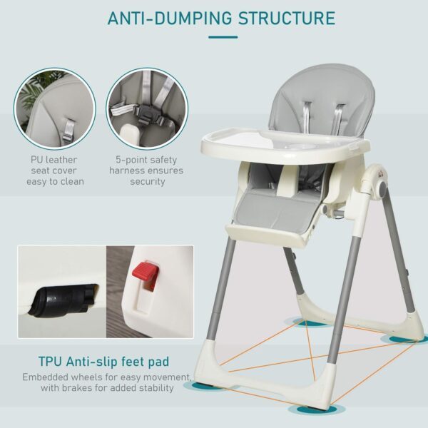 HOMCOM Foldable Baby High Chair Convertible Feeding Chair Height Adjustable with Adjustable Backrest Footrest and Removable Tray 5 Point Safety Harness for Kids 6-36 Months Grey - Image 4