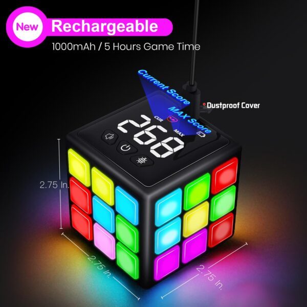 Xinbeiya Rechargeable Game Handheld Cube, 15 Fun Brain & Memory Game with Score Screen, Cool Toys for Kids, Christmas Birthday Gifts for Boys Girls Aged 6-12+ Years Old (Black) - Image 7