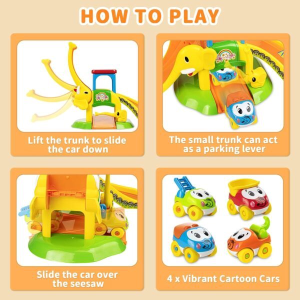 Wdebay Toddler Toys for 0 1 2 3 Year Old Boys and Girls Birthday Gifts, Elephant Slide with 4 Cartoon Cars Learning Baby Toys 12-18 Months, Educational Toys for 1+ Year Old, Toddler Push Car Ages 1-2 - Image 2