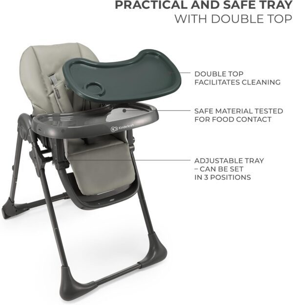 Kinderkraft Tummie, 2-in-1 high Chair, Baby Chair, Bouncer, Ergonomic, Comfortable, Reclining, Foldable, with Ajustable Height, Footrest, Detachable Tray, for Toddler, with Toys, Gray - Image 5