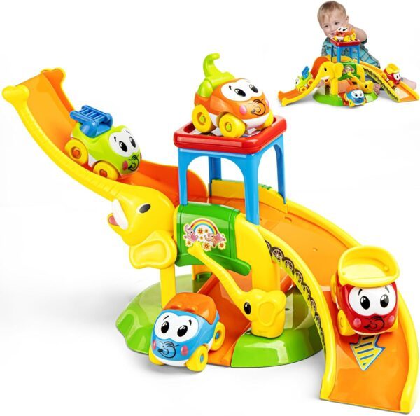 Wdebay Toddler Toys for 0 1 2 3 Year Old Boys and Girls Birthday Gifts, Elephant Slide with 4 Cartoon Cars Learning Baby Toys 12-18 Months, Educational Toys for 1+ Year Old, Toddler Push Car Ages 1-2
