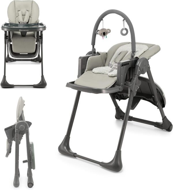 Kinderkraft Tummie, 2-in-1 high Chair, Baby Chair, Bouncer, Ergonomic, Comfortable, Reclining, Foldable, with Ajustable Height, Footrest, Detachable Tray, for Toddler, with Toys, Gray