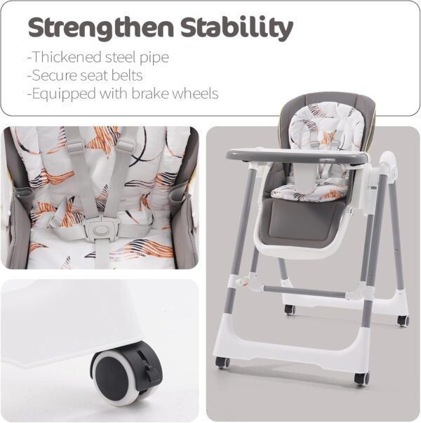 Foldable Highchair, 3-in-1 Baby Rocker with Harness, with 4 Lockable Wheels, 5 Recline Positions, Adjustable Feeding Chair for Babies & Toddlers 6 Months to 3 Years - Image 2
