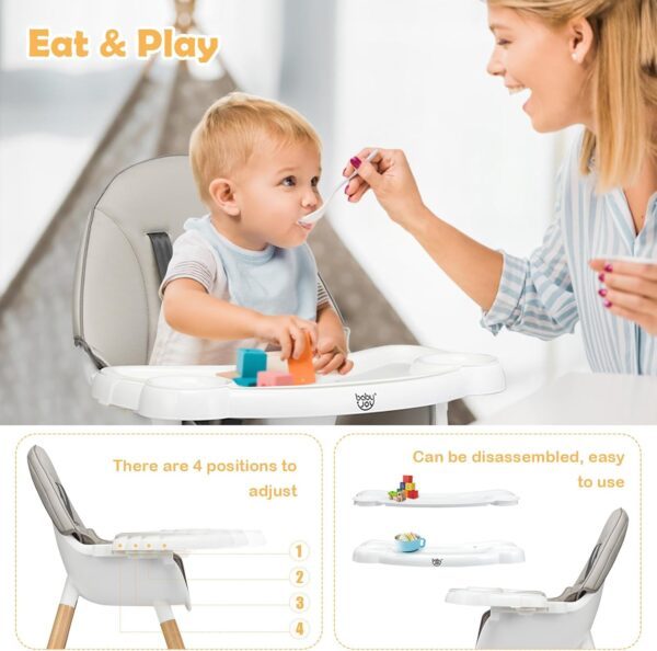 Maxmass 4 in 1 Baby High Chair, Toddler Booster Seats with Removable Tray, PU Cushion and Safety Strap, Convertible Infant Dining Chair and Table Set (Gray) - Image 3