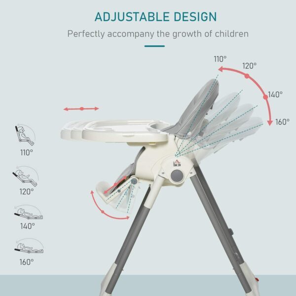 HOMCOM Foldable Baby High Chair Convertible Feeding Chair Height Adjustable with Adjustable Backrest Footrest and Removable Tray 5 Point Safety Harness for Kids 6-36 Months Grey - Image 6