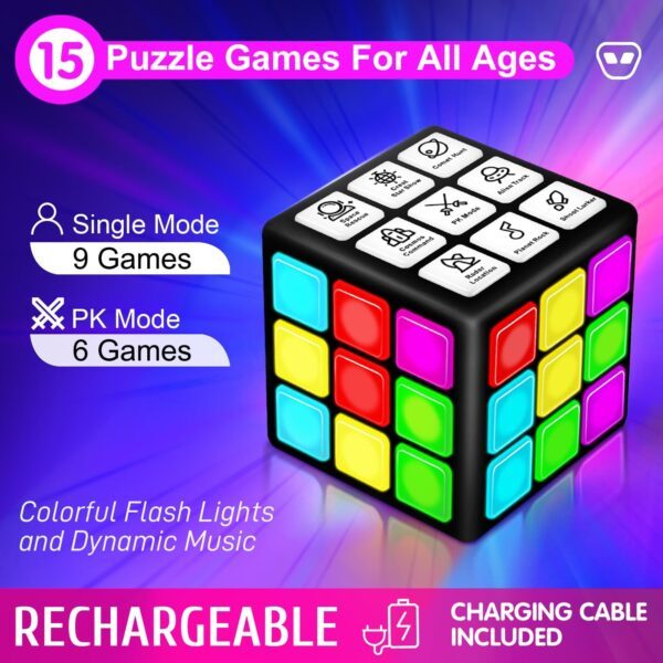 Xinbeiya Rechargeable Game Handheld Cube, 15 Fun Brain & Memory Game with Score Screen, Cool Toys for Kids, Christmas Birthday Gifts for Boys Girls Aged 6-12+ Years Old (Black) - Image 2