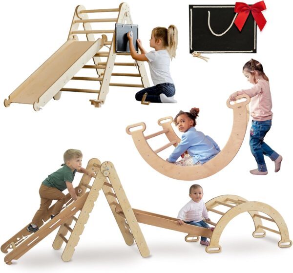 4-in-1 Indoor Climbing Frame for Toddlers - Wooden Triangle, Arch & Climbing Ramp & Net, Montessori Climbing Frame, Kids Wooden Gym, Foldable Climbing Toys for Kids 1-5 Age