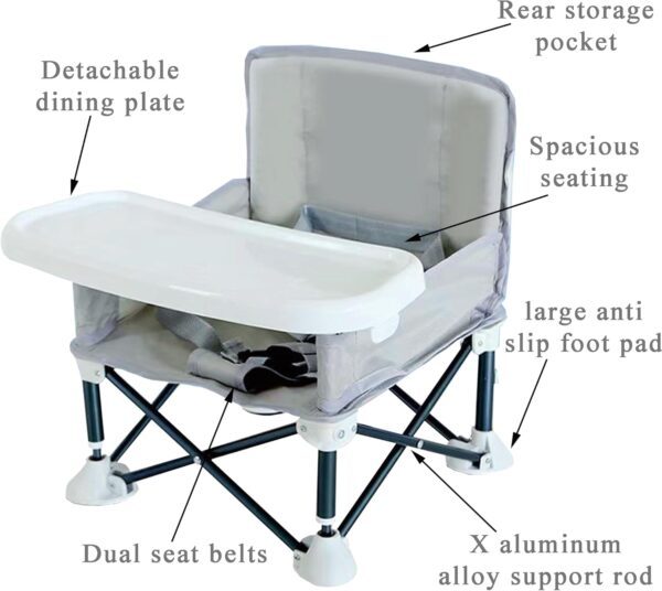 JIAMIAN JIAMAIN High Chair, Baby High Chairs, High Chairs for Babies and Toddlers, Foldable Toddler Dining Chair with Adjustable Strap and Removable Tray, Portable Baby Feeding Seat (Grey) - Image 6