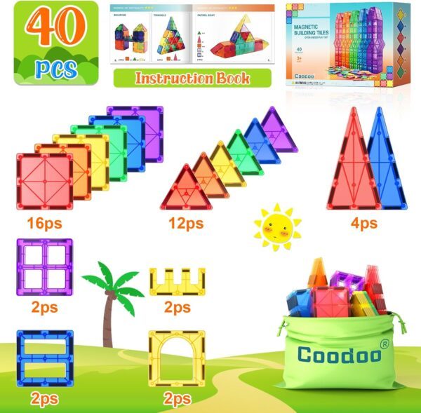 Magnetic Tiles Kids Toys STEM Magnet Toys for Toddler Magnetic Blocks Building Toys Preschool Learning Sensory Montessori Toys for 3+ Year Old Boys and Girls, Safe Creativity Toddler Kids Toys 40PCS - Image 6