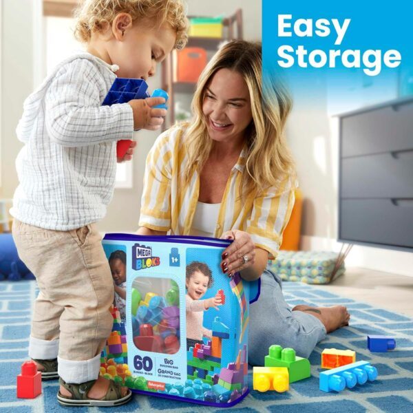 MEGA BLOKS Big Building Bag building set with 60 big and colorful building blocks, and 1 storage bag, toy gift set for ages 1 and up, DCH55 - Image 5