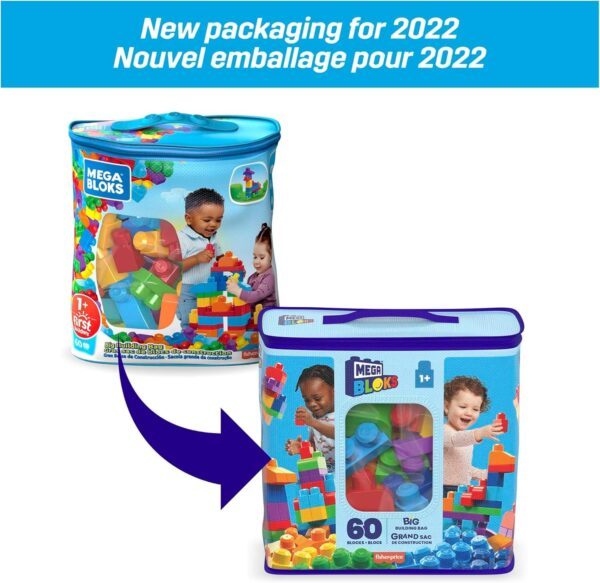 MEGA BLOKS Big Building Bag building set with 60 big and colorful building blocks, and 1 storage bag, toy gift set for ages 1 and up, DCH55 - Image 7