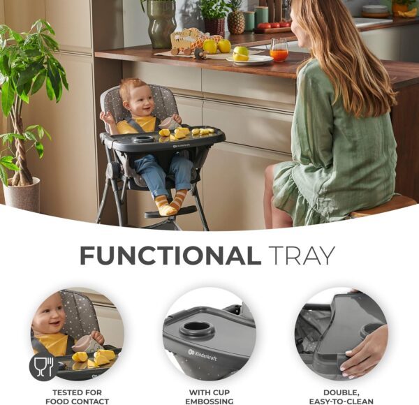 Kinderkraft FOLDEE Highchair, Baby Chair, Ergonomic, Comfortable, Reclining, Foldable, Detachable Double Tray, for Toddler, from 6 Month to 3 Years, Gray - Image 5