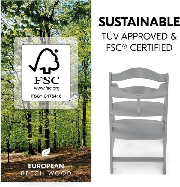 hauck Alpha+, Grey - Wooden High Chair 6 Months to Adult Sustainable FSC® Certified Beechwood Toddler Feeding and Entertainment Chair, Inclusive 5-Point Harness Bumper Bar Crotch Strap - Image 6
