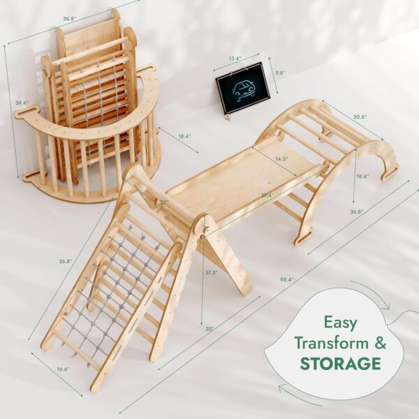 4-in-1 Indoor Climbing Frame for Toddlers - Wooden Triangle, Arch & Climbing Ramp & Net, Montessori Climbing Frame, Kids Wooden Gym, Foldable Climbing Toys for Kids 1-5 Age - Image 5
