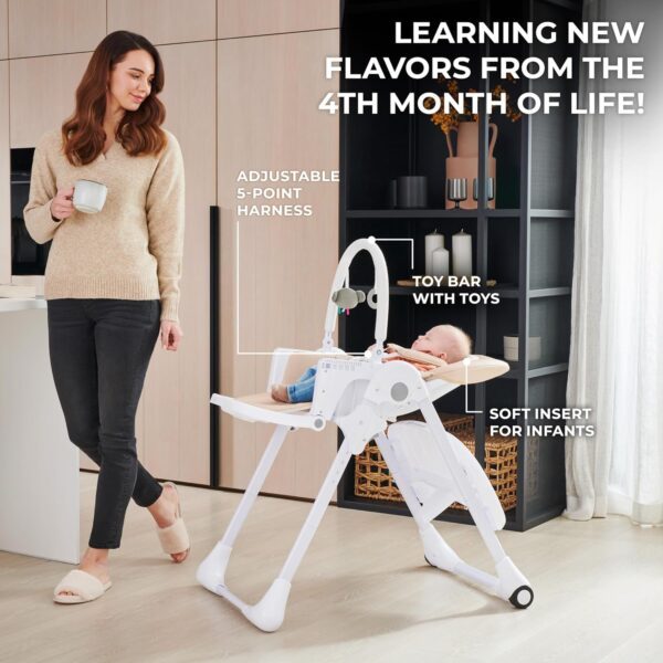 Kinderkraft Tummie, 2-in-1 high Chair, Baby Chair, Bouncer, Ergonomic, Comfortable, Reclining, Foldable, with Ajustable Height, Footrest, Detachable Tray, for Toddler, with Toys, Gray - Image 2